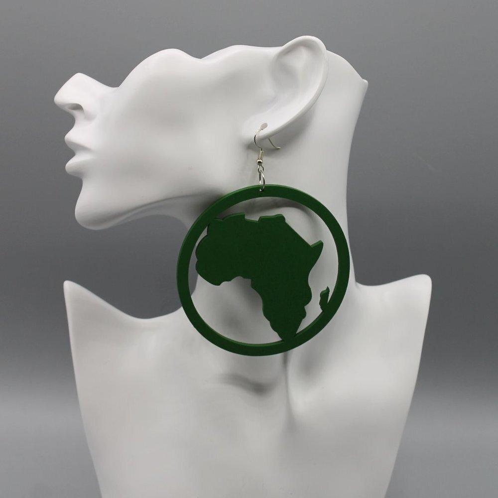 Jewelry earrings statement large round drop dangle Africa green wood brand new - Picture 4 of 9